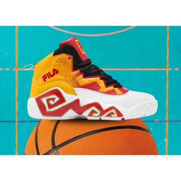 Fila youth Boy's BIG KIDS Athletic Basketball MB Shoes red white yellow - size 5
