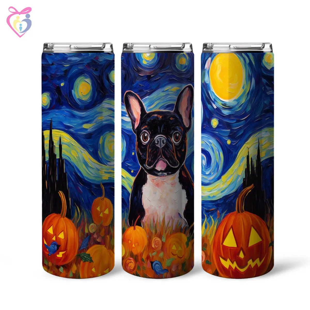 French Bulldog Halloween With Pumpkin 20oz Skinny Tumbler, Holiday Skinny Tumbler, For Dog Lovers, Vibrant Tumbler, Trending Tumbler