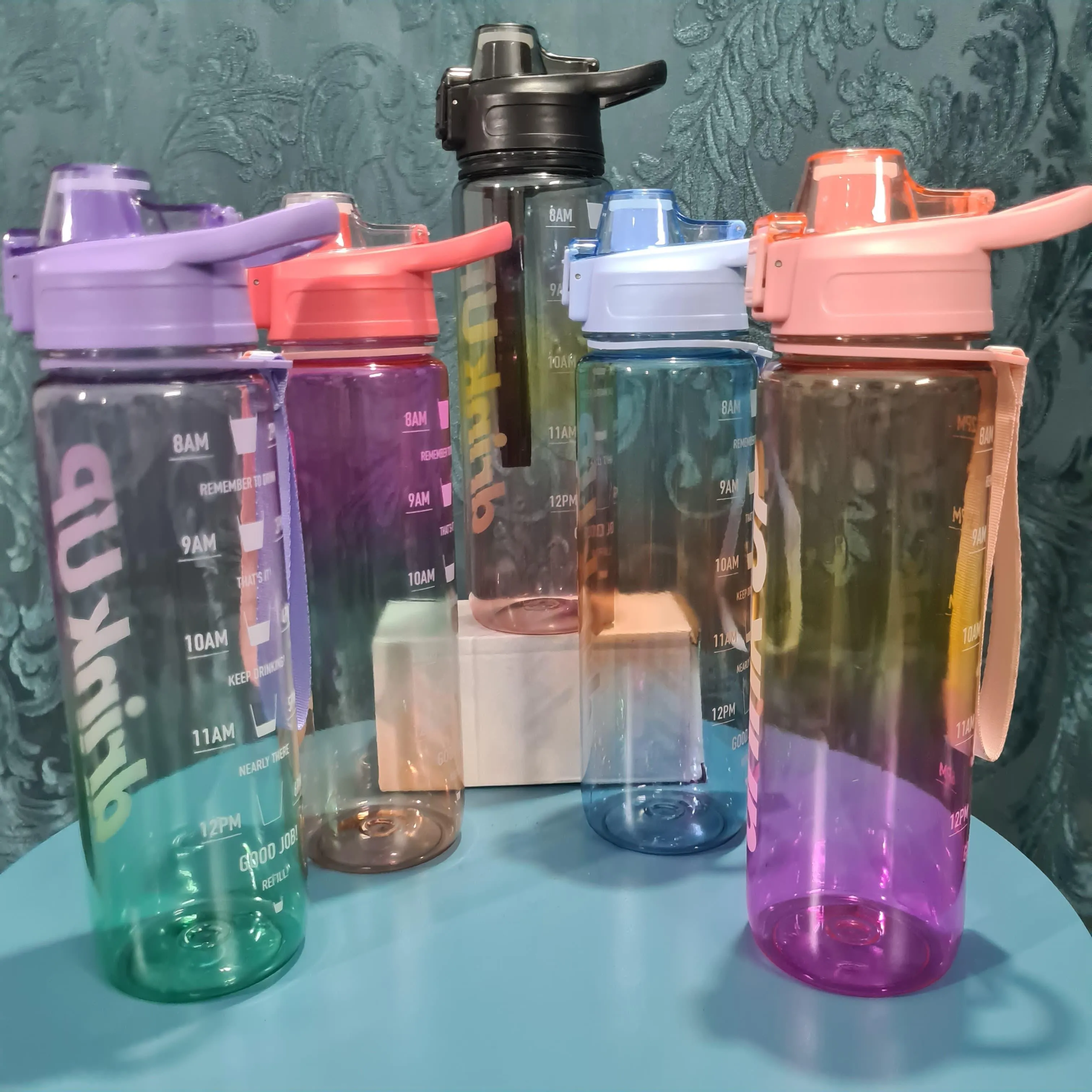 Gradient Time-Marked Tritan Water Bottle with Flip Straw Lid - 1000ml