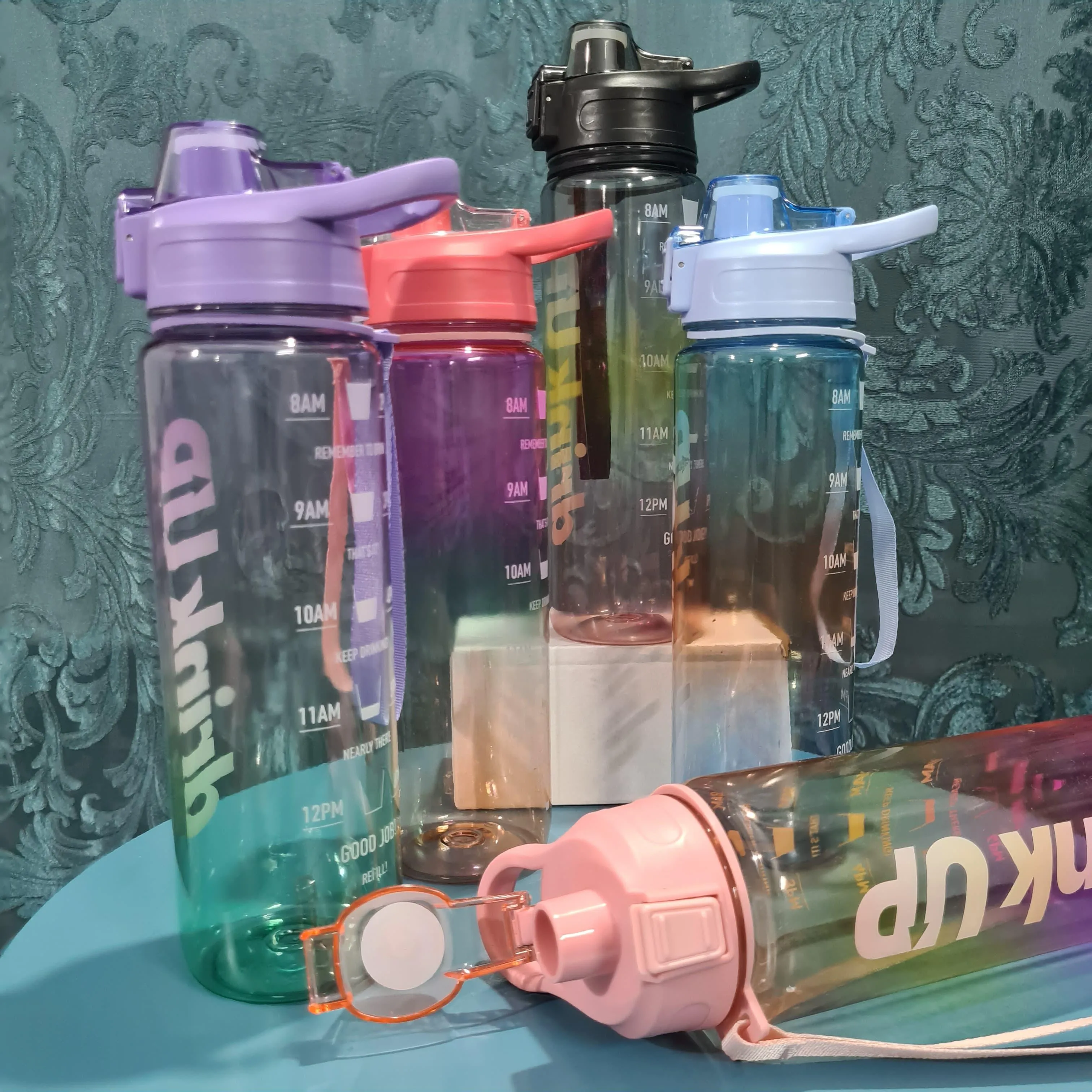 Gradient Time-Marked Tritan Water Bottle with Flip Straw Lid - 1000ml