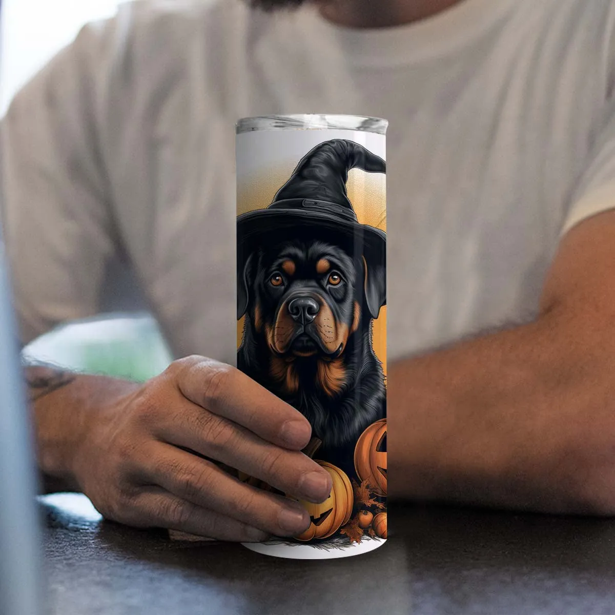 Halloween Rottweiler Sitting In Hall 20oz Skinny Tumbler, Rottweiler Tumbler, Pets Dog Lover, Dog Mom Dog Dad, Vibrant Tumbler, Trending Tumbler