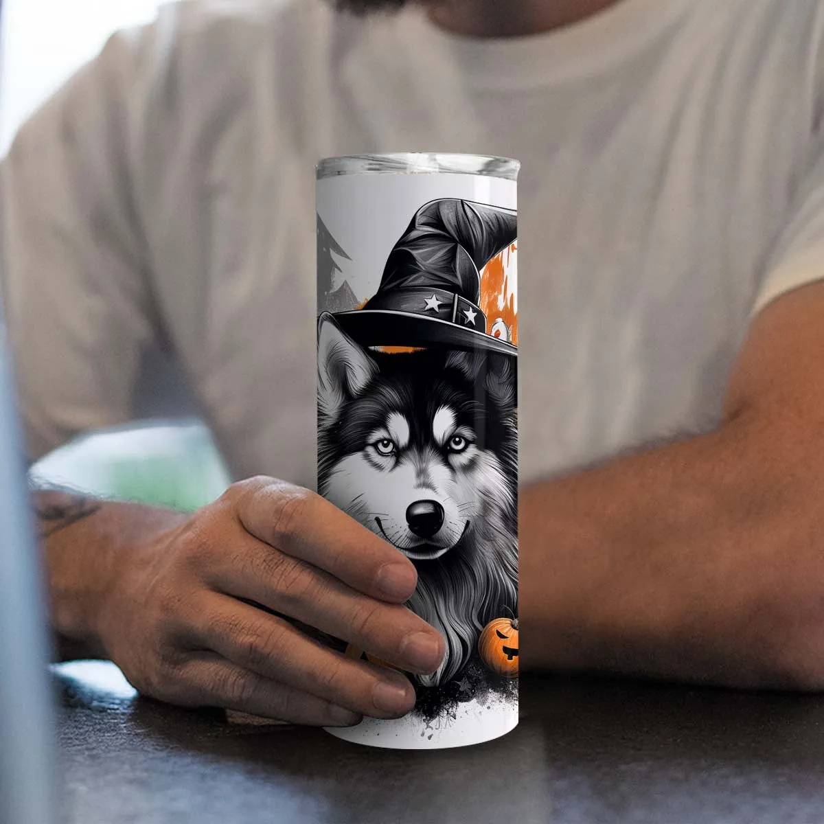 Halloween Siberian Husky Sitting In Hall 20oz Skinny Tumbler, Siberian Husky Tumbler, Pets Dog Lover, Dog Mom Dog Dad, Vibrant Tumbler, Trending Tumbler