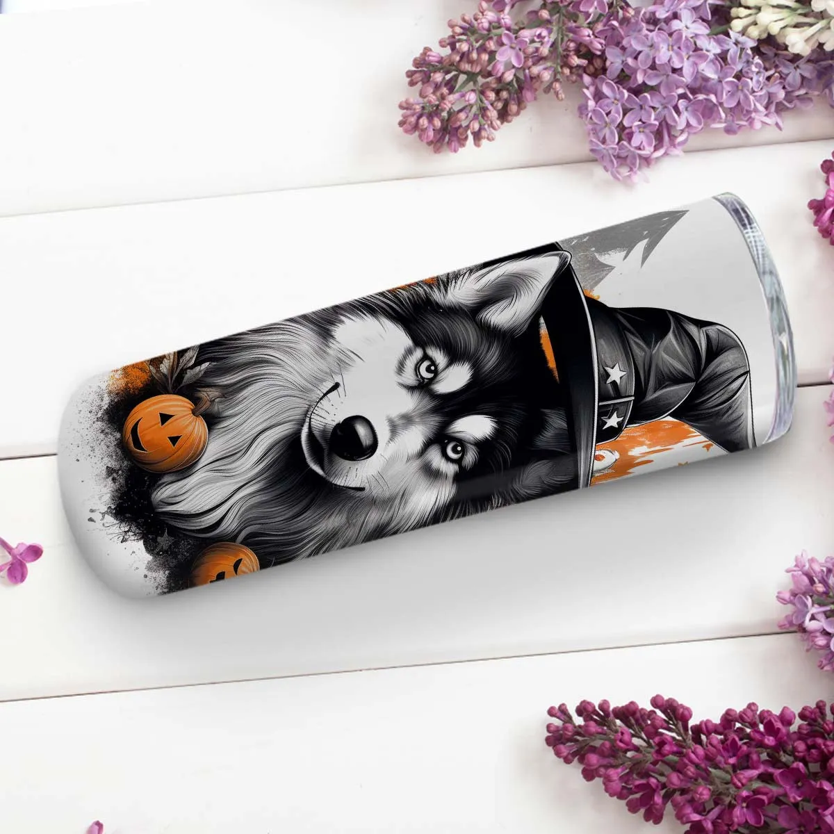 Halloween Siberian Husky Sitting In Hall 20oz Skinny Tumbler, Siberian Husky Tumbler, Pets Dog Lover, Dog Mom Dog Dad, Vibrant Tumbler, Trending Tumbler