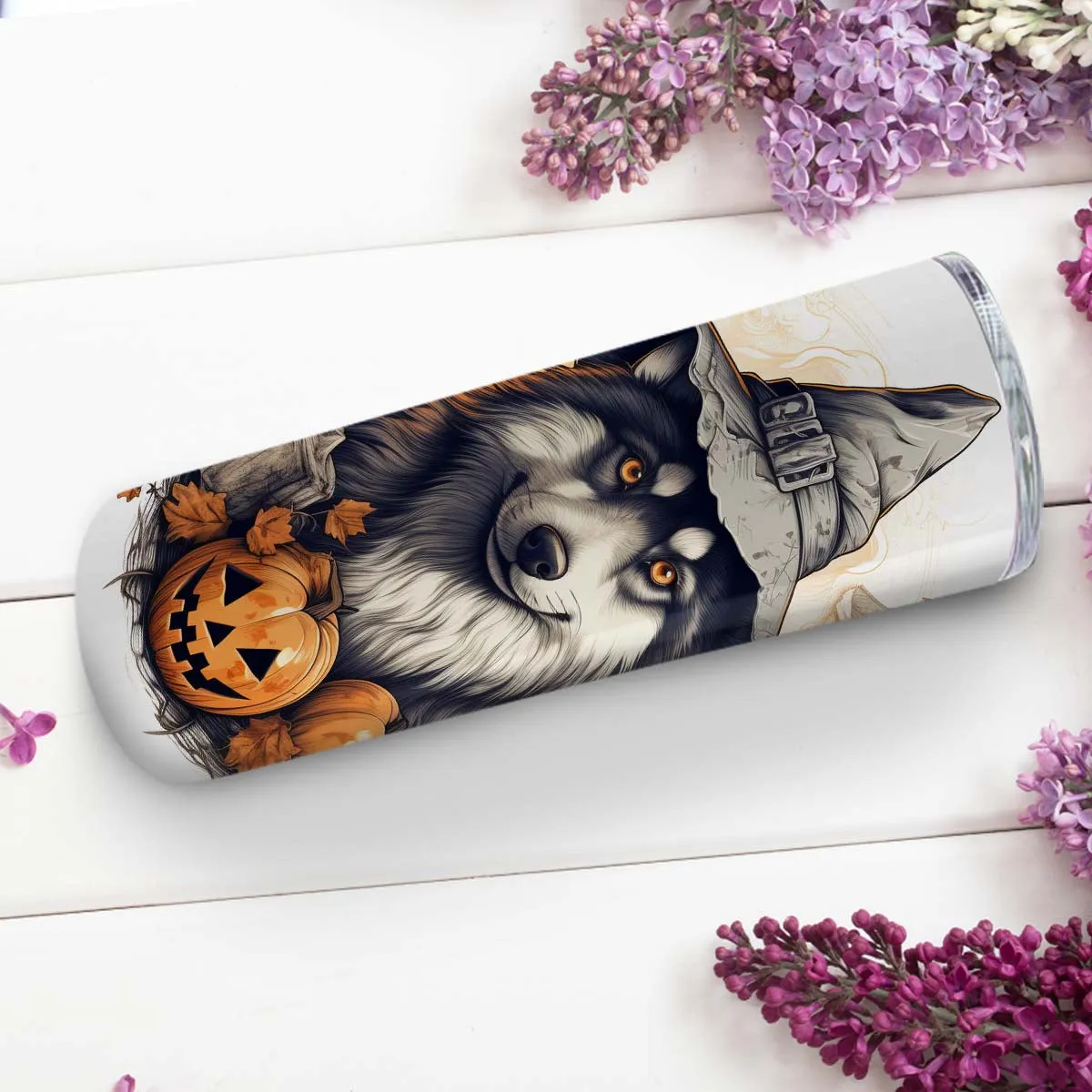 Halloween Siberian Husky Sitting In Hall 20oz Skinny Tumbler, Siberian Husky Tumbler, Pets Dog Lover, Dog Mom Dog Dad, Vibrant Tumbler, Trending Tumbler