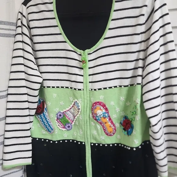 Jack B Quick Striped Cardigan w/ Embroidered Flip Flops Sequined, Beaded VINTAGE