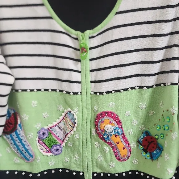 Jack B Quick Striped Cardigan w/ Embroidered Flip Flops Sequined, Beaded VINTAGE