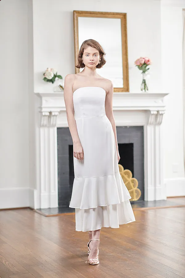 James Strapless White Tea Length Mermaid Rehearsal and Wedding Dress With Blue Ribbon Straps