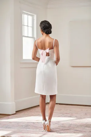 Jocelyn Backless White Bridal Shower & Rehearsal Dinner Dress with Pink Ribbon Tie