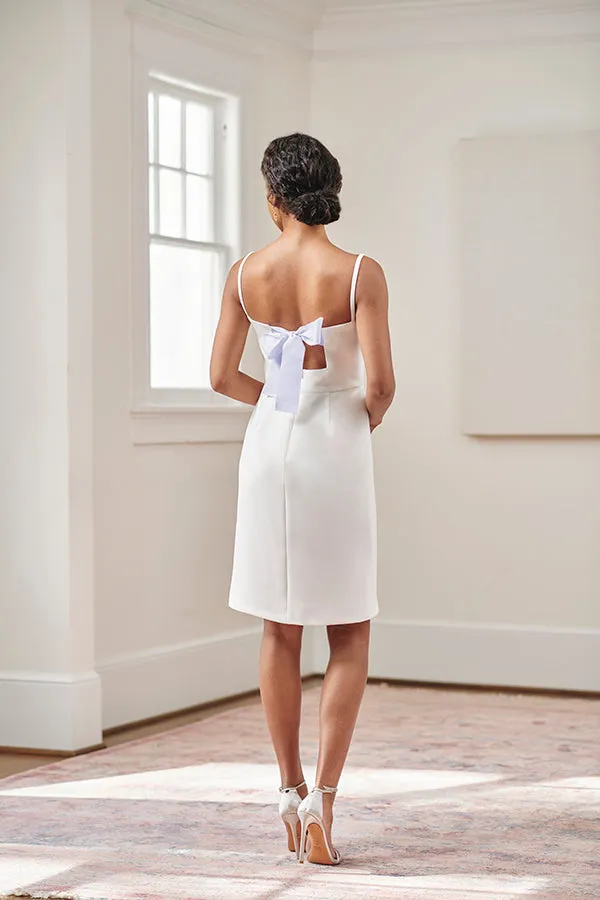 Jocelyn Backless White Bridal Shower & Rehearsal Dinner Dress with Pink Ribbon Tie