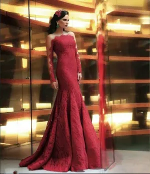 Lace Red Prom Dresses,Long Sleeve Prom Dresses,Evening Dress