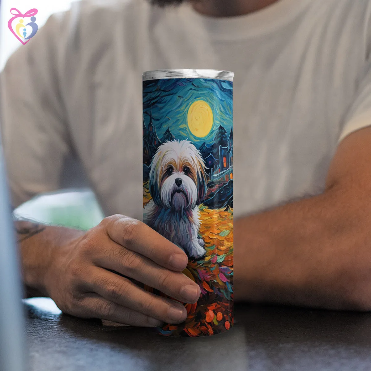 Lhasa Apsos Halloween With Pumpkin 20oz Skinny Tumbler, Holiday Skinny Tumbler, For Dog Lovers, Vibrant Tumbler, Trending Tumbler