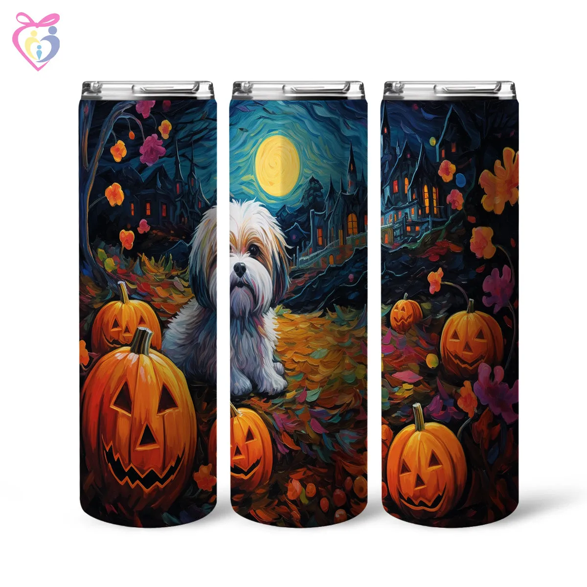 Lhasa Apsos Halloween With Pumpkin 20oz Skinny Tumbler, Holiday Skinny Tumbler, For Dog Lovers, Vibrant Tumbler, Trending Tumbler