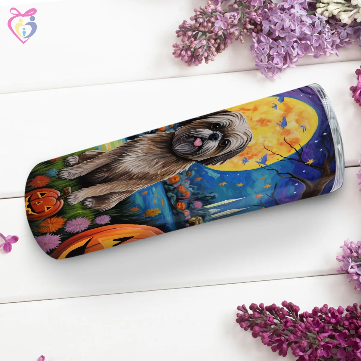 Lhasa Apsos Halloween With Pumpkin 20oz Skinny Tumbler, Holiday Skinny Tumbler, For Dog Lovers, Vibrant Tumbler, Trending Tumbler