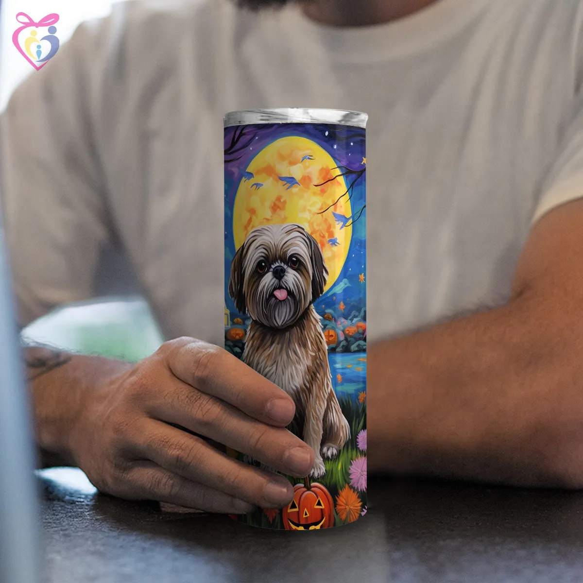 Lhasa Apsos Halloween With Pumpkin 20oz Skinny Tumbler, Holiday Skinny Tumbler, For Dog Lovers, Vibrant Tumbler, Trending Tumbler