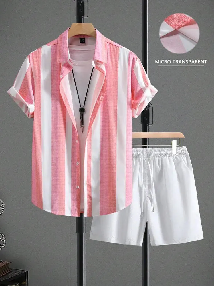 Men's Hawaiian Palm Leaf Print Casual Shirt & Shorts Set