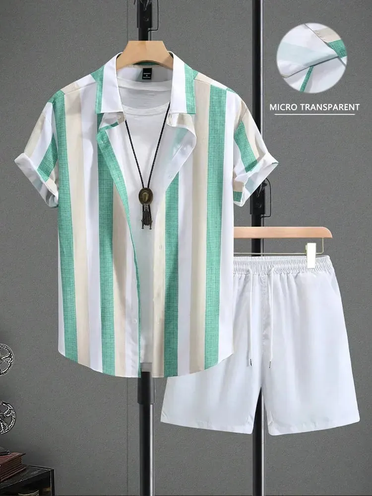 Men's Hawaiian Palm Leaf Print Casual Shirt & Shorts Set
