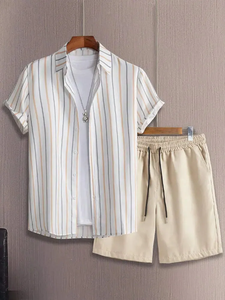 Men's Hawaiian Palm Leaf Print Casual Shirt & Shorts Set