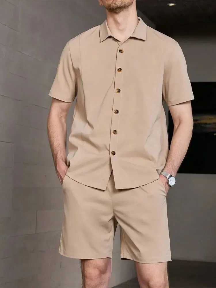 Men's Hawaiian Palm Leaf Print Casual Shirt & Shorts Set