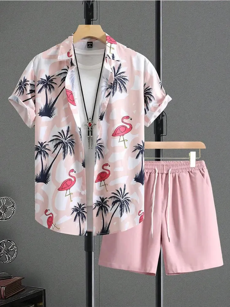 Men's Hawaiian Palm Leaf Print Casual Shirt & Shorts Set