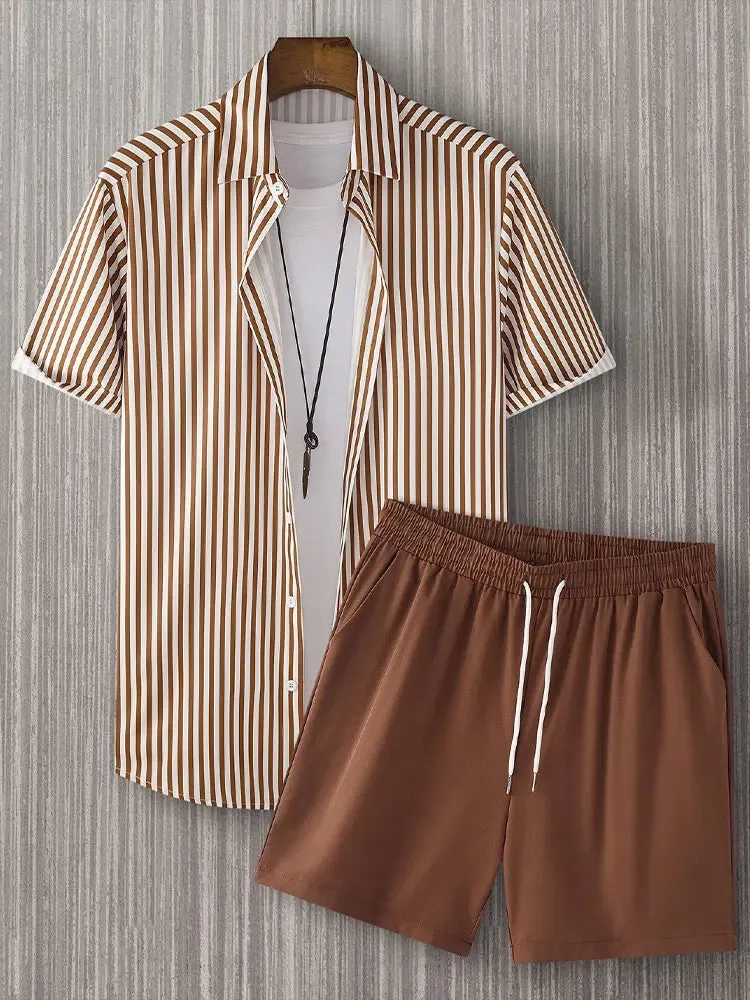Men's Hawaiian Palm Leaf Print Casual Shirt & Shorts Set
