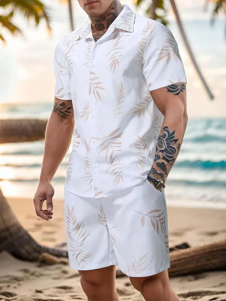 Men's Hawaiian Palm Leaf Print Casual Shirt & Shorts Set