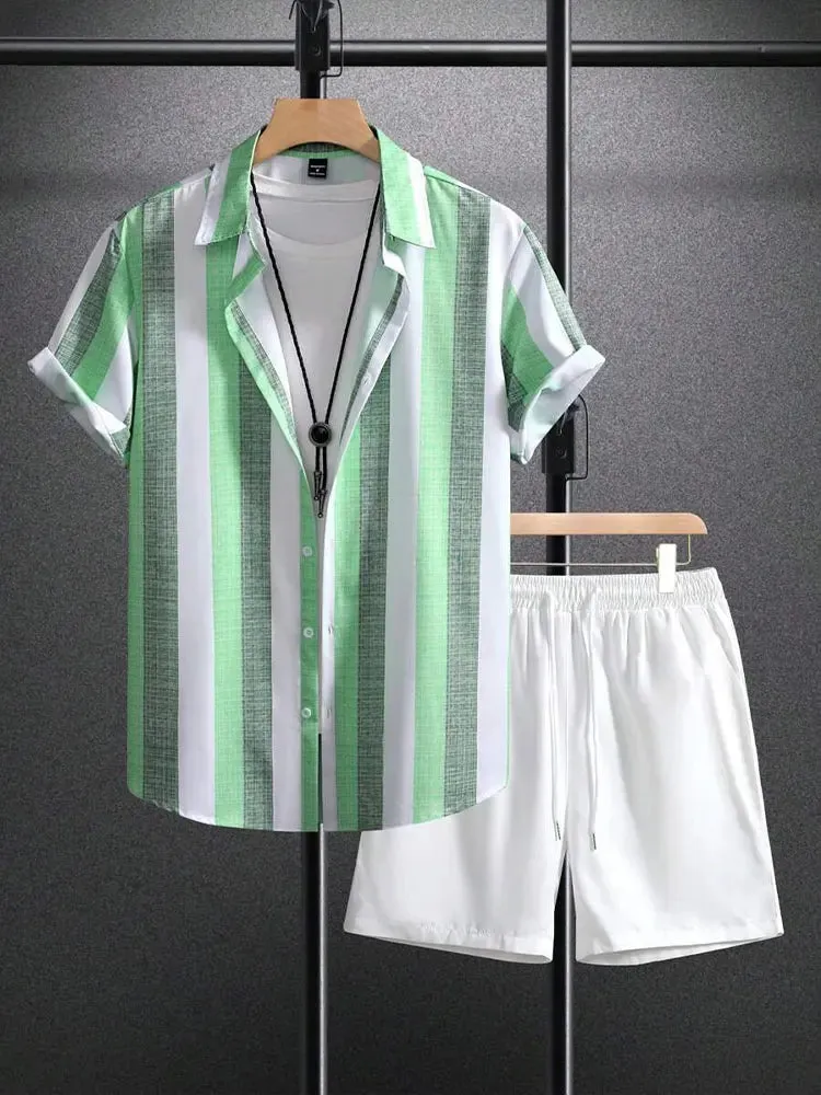 Men's Hawaiian Palm Leaf Print Casual Shirt & Shorts Set