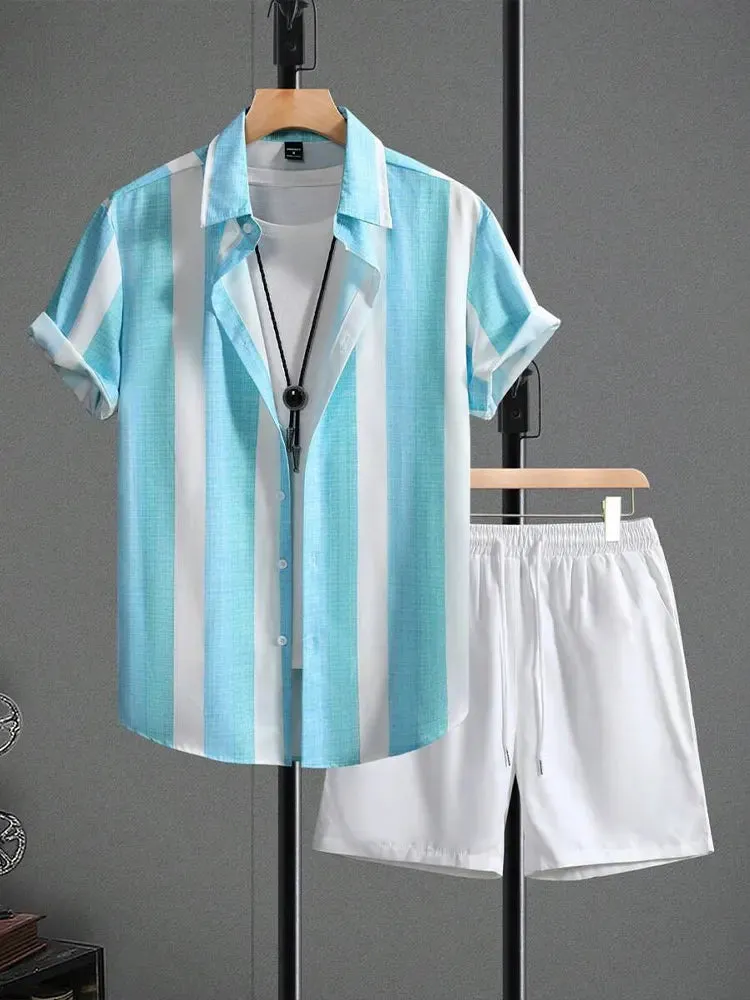 Men's Hawaiian Palm Leaf Print Casual Shirt & Shorts Set