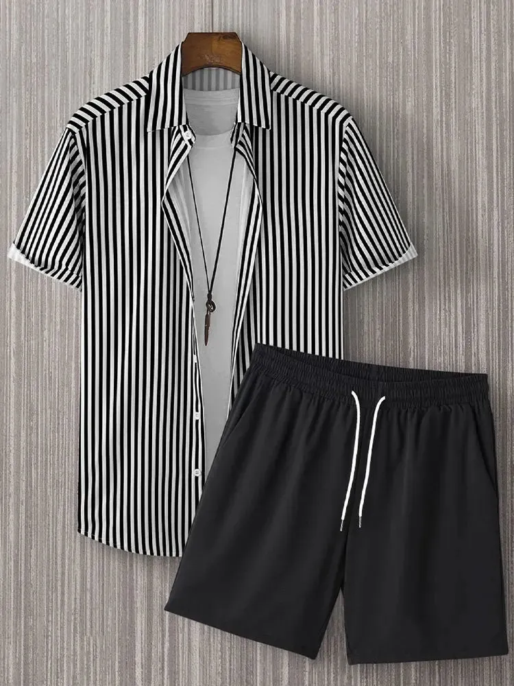 Men's Hawaiian Palm Leaf Print Casual Shirt & Shorts Set