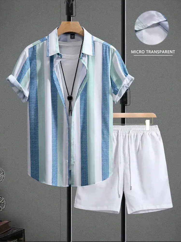 Men's Hawaiian Palm Leaf Print Casual Shirt & Shorts Set