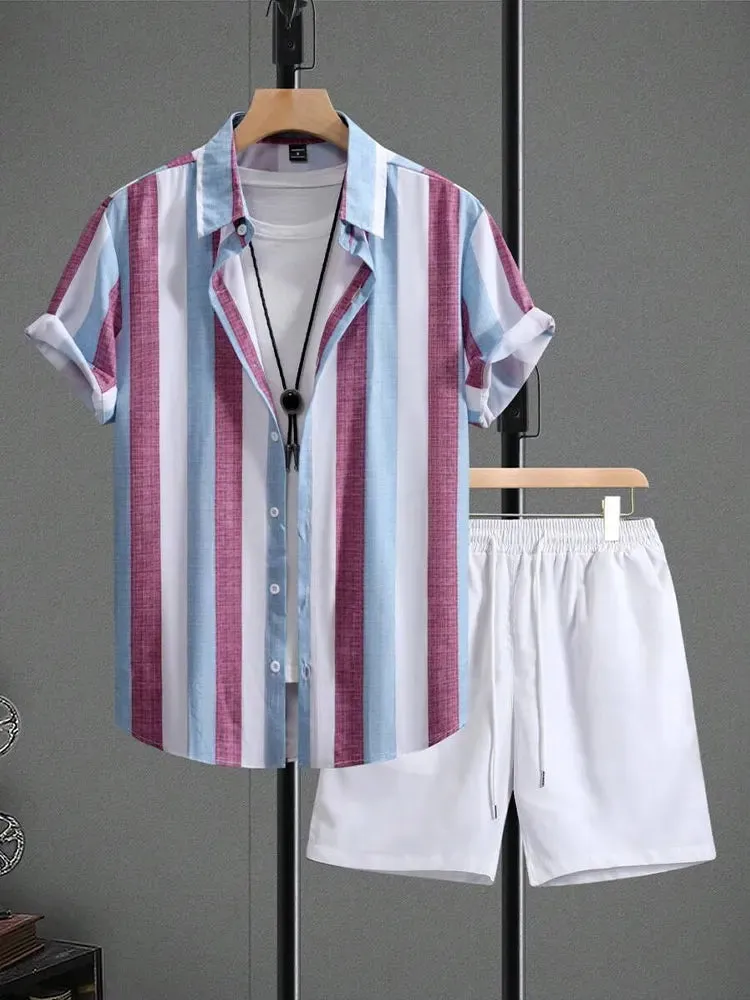 Men's Hawaiian Palm Leaf Print Casual Shirt & Shorts Set