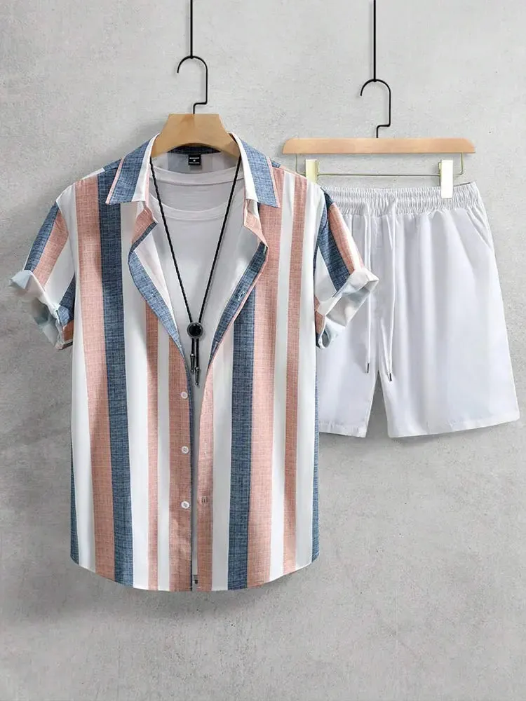 Men's Hawaiian Palm Leaf Print Casual Shirt & Shorts Set
