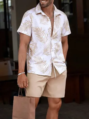 Men's Hawaiian Palm Leaf Print Casual Shirt & Shorts Set