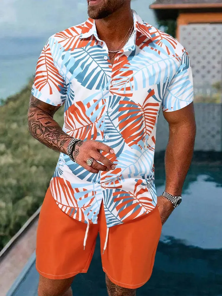 Men's Hawaiian Palm Leaf Print Casual Shirt & Shorts Set