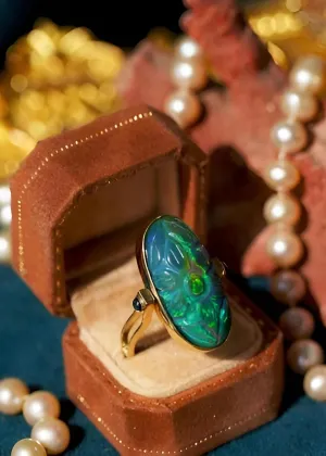 Moghul Black Opal Carved Ring in 14K Gold – Unique Double-Sided Statement Jewelry