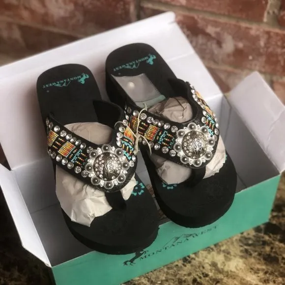 Montana West Aztec Hand Beaded Flip Flops