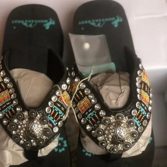 Montana West Aztec Hand Beaded Flip Flops