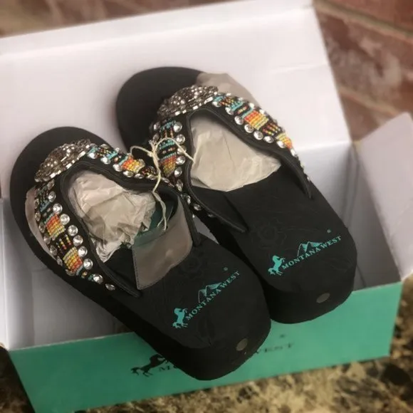 Montana West Aztec Hand Beaded Flip Flops