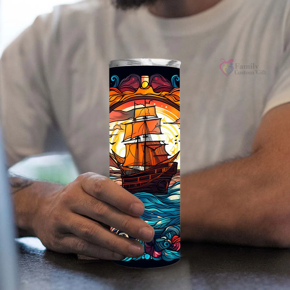 Mysterious Sailboat With Magic Rum In Stained Glass 20oz Skinny Tumbler, Rum Lover, Alcohol Tumbler, Vibrant Tumbler, Trending Tumbler
