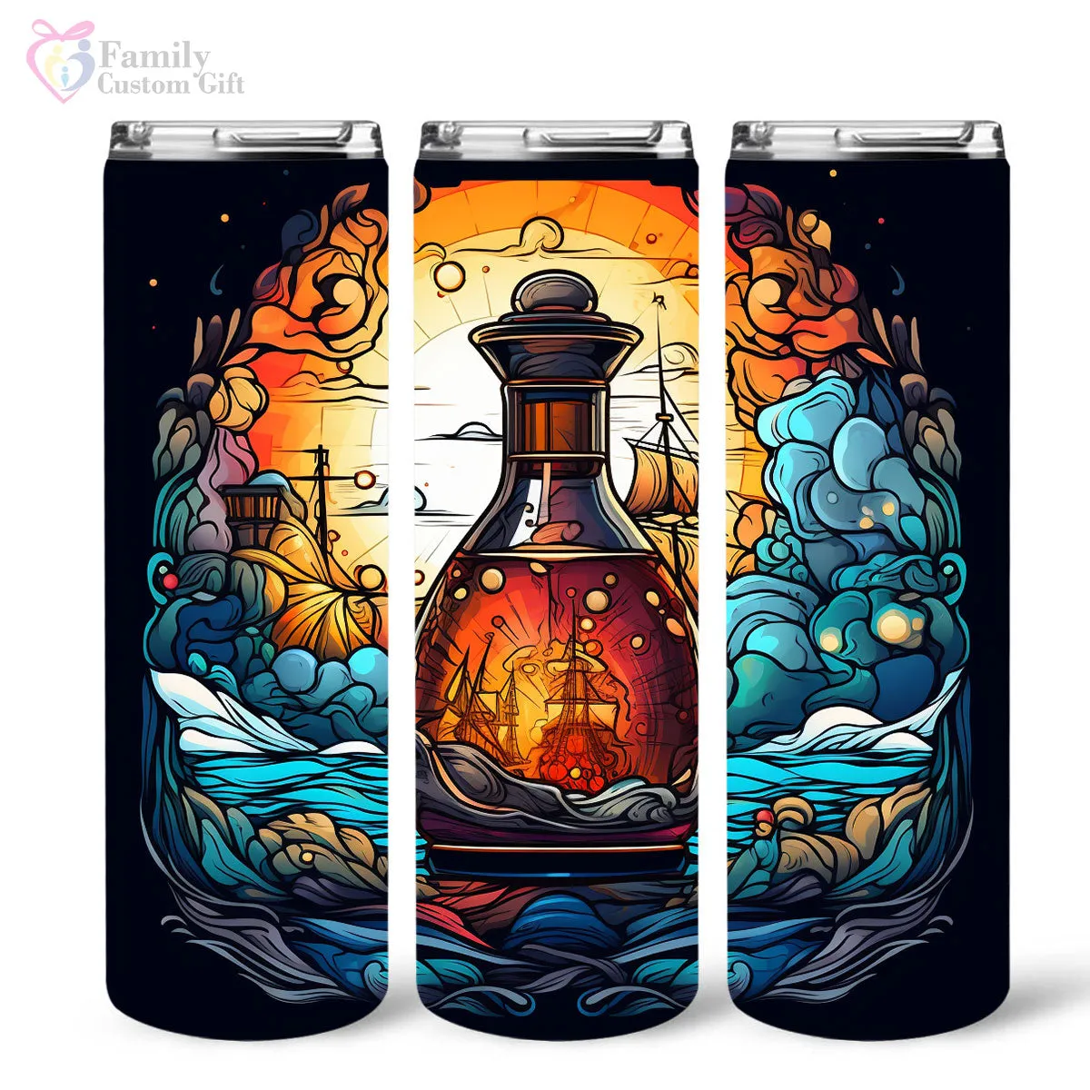 Mysterious Sailboat With Magic Rum In Stained Glass 20oz Skinny Tumbler, Rum Lover, Alcohol Tumbler, Vibrant Tumbler, Trending Tumbler