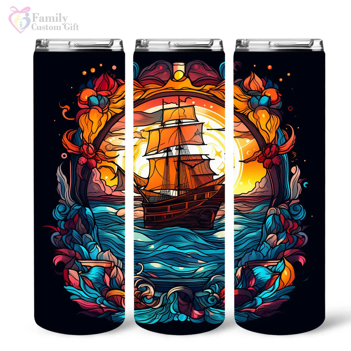 Mysterious Sailboat With Magic Rum In Stained Glass 20oz Skinny Tumbler, Rum Lover, Alcohol Tumbler, Vibrant Tumbler, Trending Tumbler