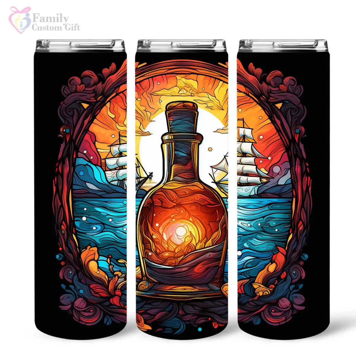 Mysterious Sailboat With Magic Rum In Stained Glass 20oz Skinny Tumbler, Rum Lover, Alcohol Tumbler, Vibrant Tumbler, Trending Tumbler