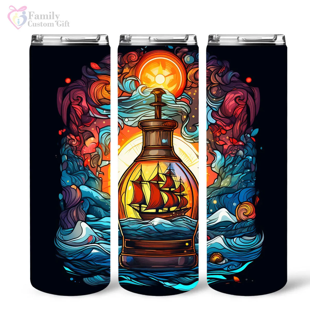 Mysterious Sailboat With Magic Rum In Stained Glass 20oz Skinny Tumbler, Rum Lover, Alcohol Tumbler, Vibrant Tumbler, Trending Tumbler