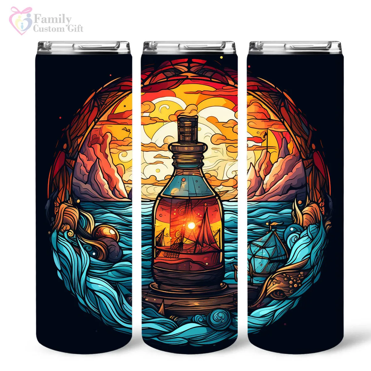 Mysterious Sailboat With Magic Rum In Stained Glass 20oz Skinny Tumbler, Rum Lover, Alcohol Tumbler, Vibrant Tumbler, Trending Tumbler