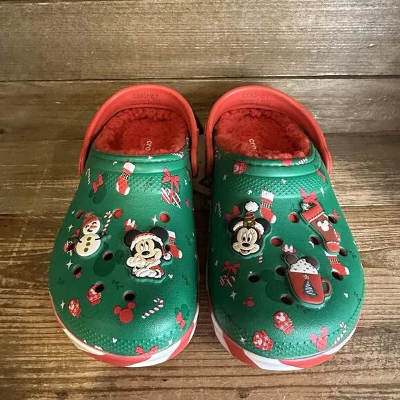 New $65 Big Kids Crocs Disney Mickey Mouse Holiday Lined‎ Sandals Shoes Size 3 Y