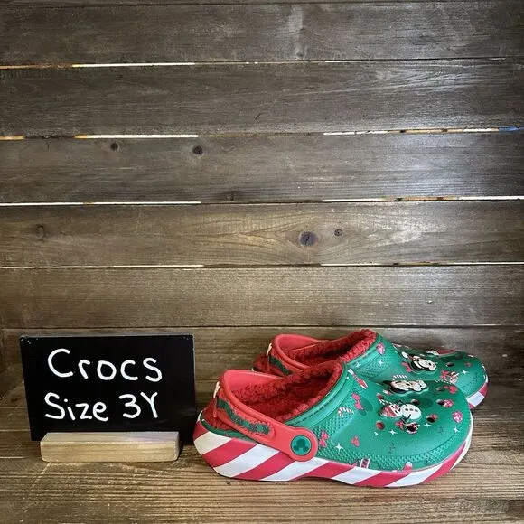 New $65 Big Kids Crocs Disney Mickey Mouse Holiday Lined‎ Sandals Shoes Size 3 Y