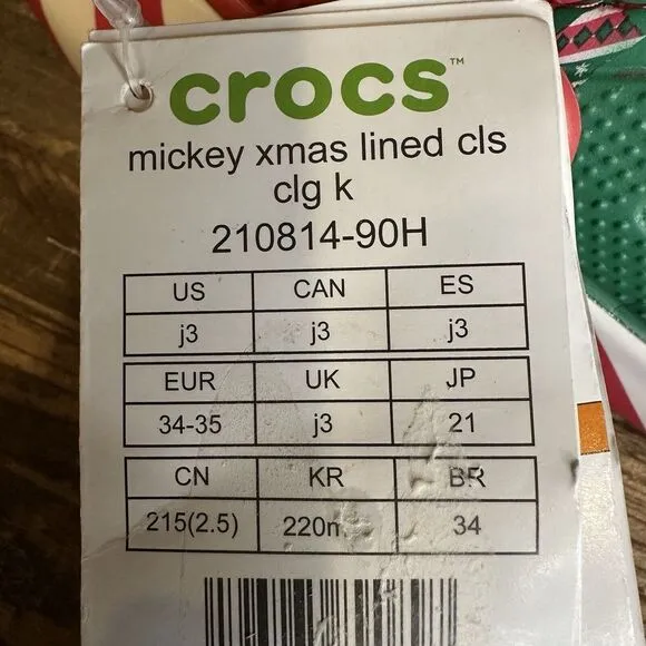 New $65 Big Kids Crocs Disney Mickey Mouse Holiday Lined‎ Sandals Shoes Size 3 Y