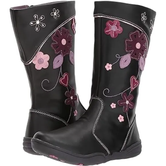 NEW BEEKO Betsey Black Boots Little Girls Sz 2 Floral Leather Stitching,Side-Zip