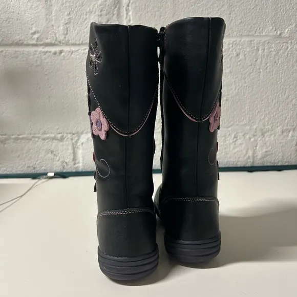 NEW BEEKO Betsey Black Boots Little Girls Sz 2 Floral Leather Stitching,Side-Zip