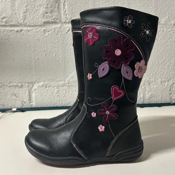 NEW BEEKO Betsey Black Boots Little Girls Sz 2 Floral Leather Stitching,Side-Zip