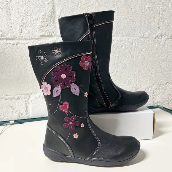 NEW BEEKO Betsey Black Boots Little Girls Sz 2 Floral Leather Stitching,Side-Zip
